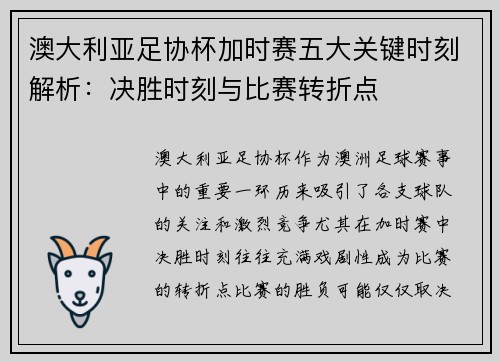 澳大利亚足协杯加时赛五大关键时刻解析:决胜时刻与比赛转折点 澳大利亚足协杯加时赛五大关键时刻解析:决胜时刻与比赛转折点